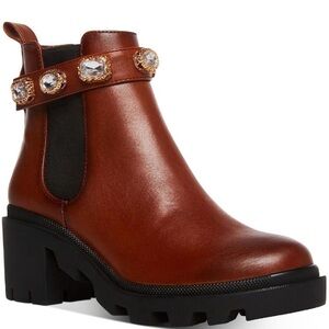 Steve Madden NWOB Amulet Brown Real Leather Block Heel Chelsea Boots Shoes 8